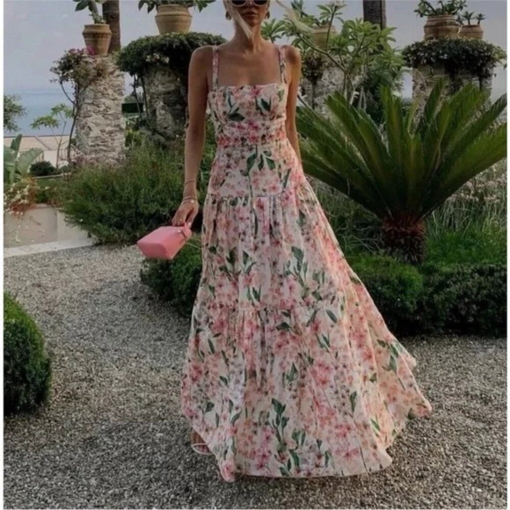 NWOT ！Agua by Agua Bendita Lima Floral Linen Sleeveless Square-Neck Maxi Dress